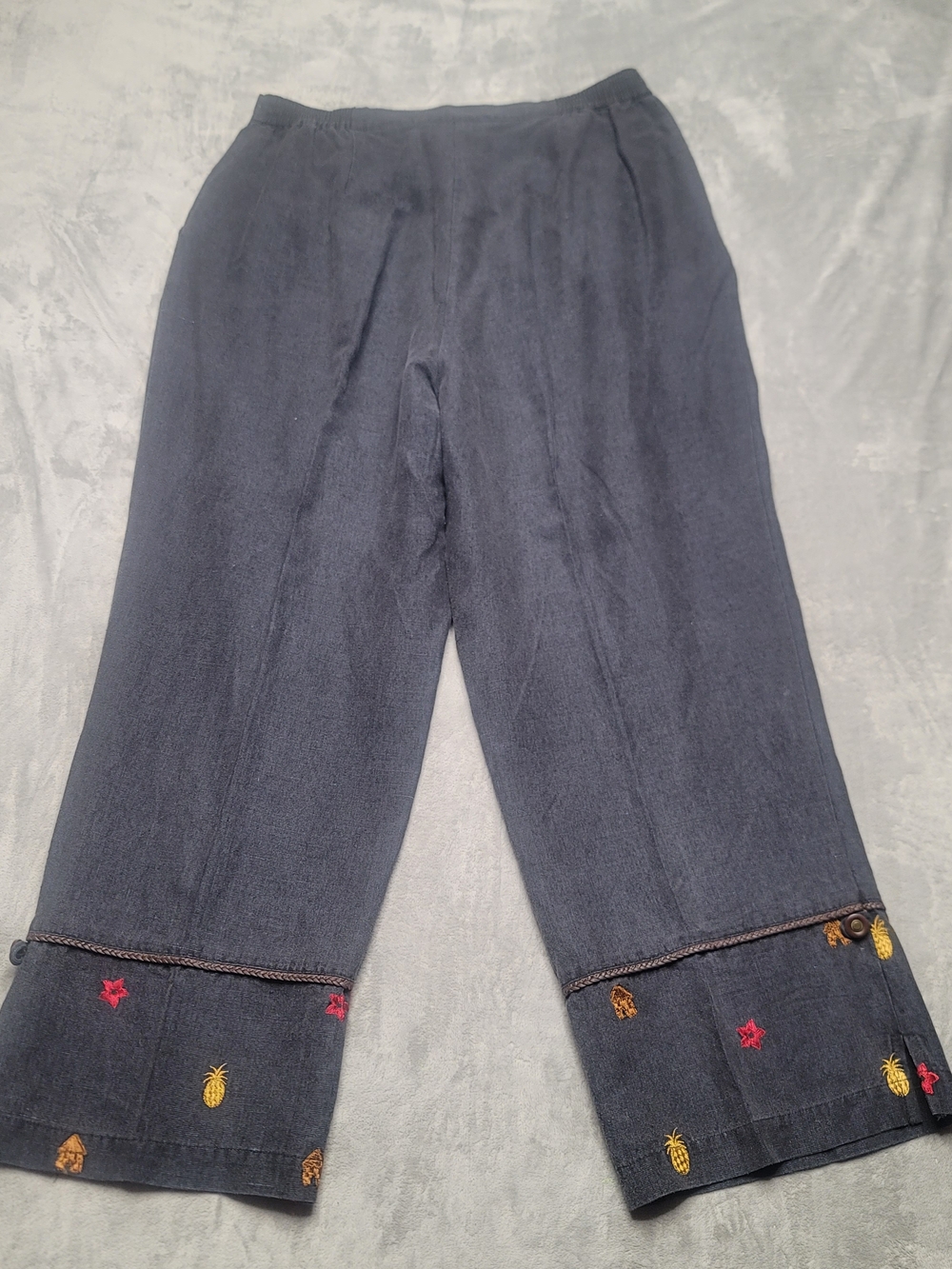 VTG E.L.C.C. Silk Linen Blend Pants Medium Dark Grey Embroidered Pineapple Cuff